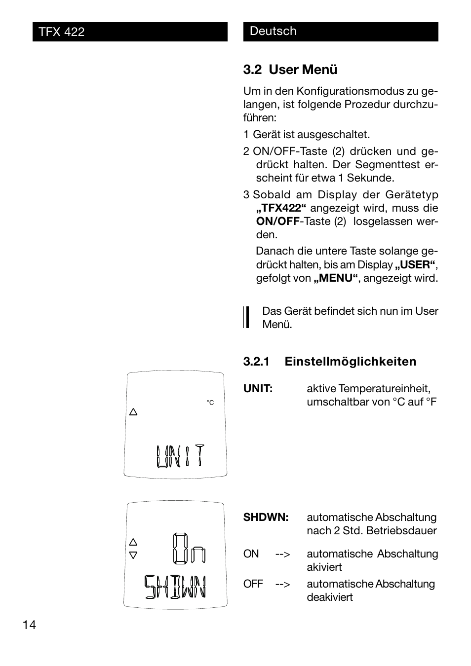 2 user menü | Xylem TFX 422 User Manual | Page 14 / 36