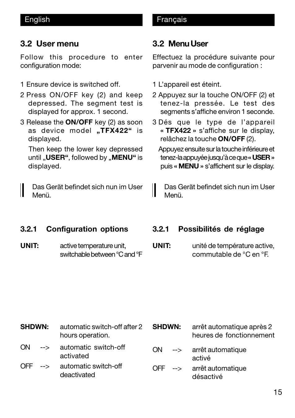 2 user menu, 2 menu user | Xylem TFX 422 User Manual | Page 15 / 36