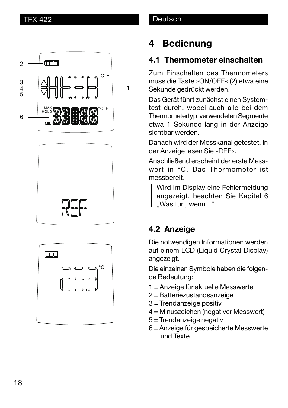 4 bedienung, 1 thermometer einschalten, 2 anzeige | Xylem TFX 422 User Manual | Page 18 / 36