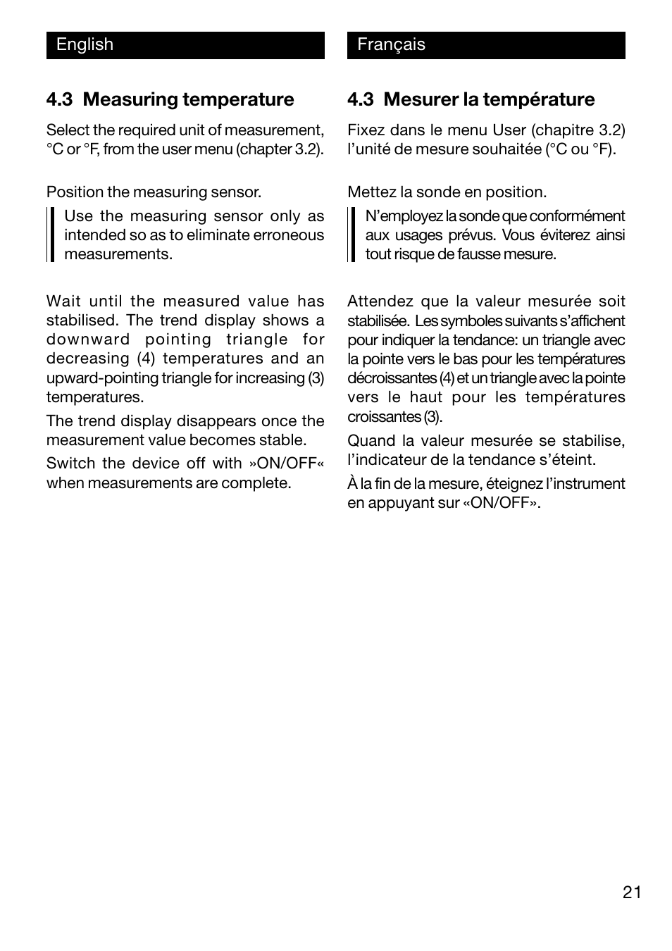 3 measuring temperature, 3 mesurer la température | Xylem TFX 422 User Manual | Page 21 / 36