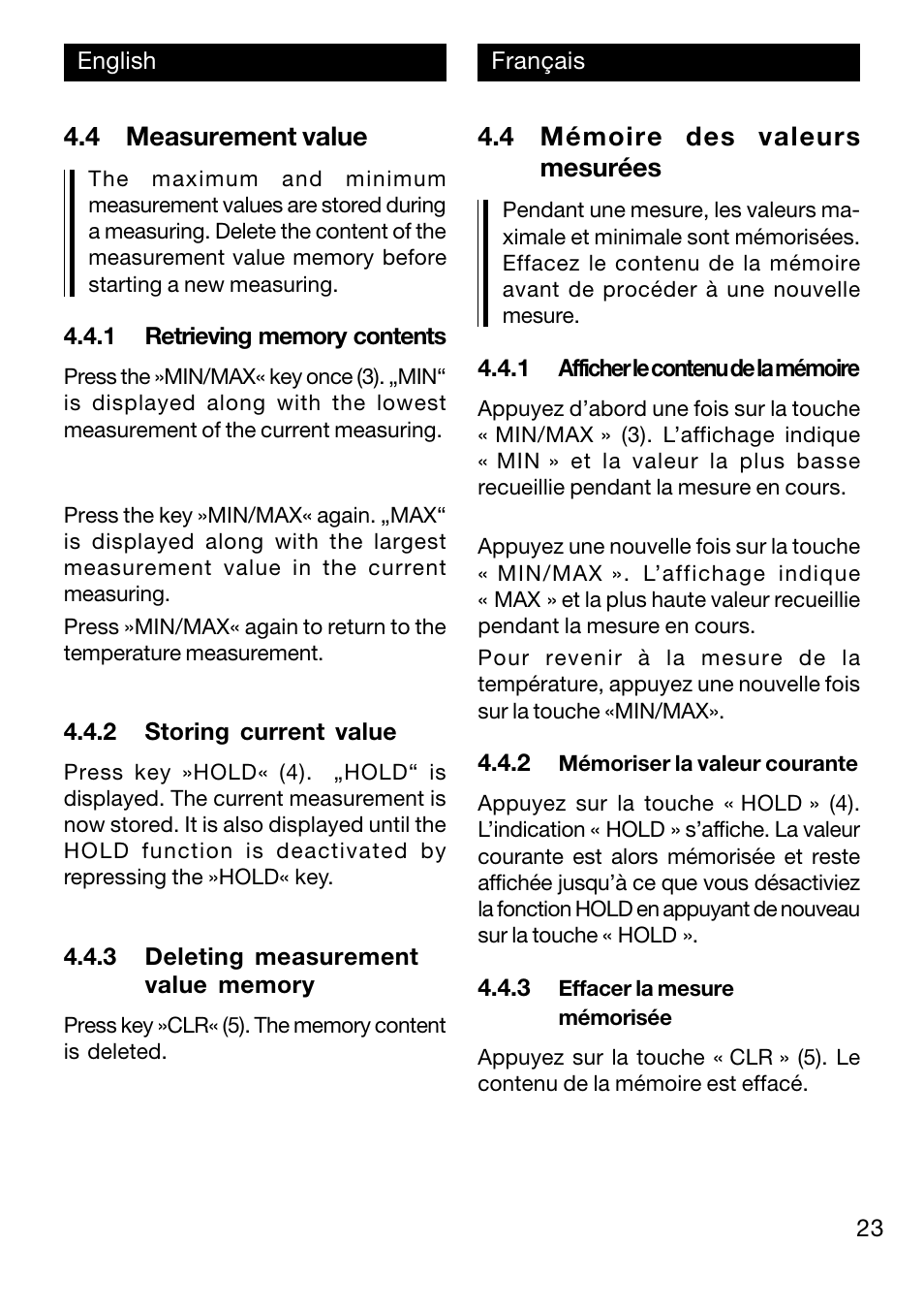 4 measurement value, 4 mémoire des valeurs mesurées | Xylem TFX 422 User Manual | Page 23 / 36