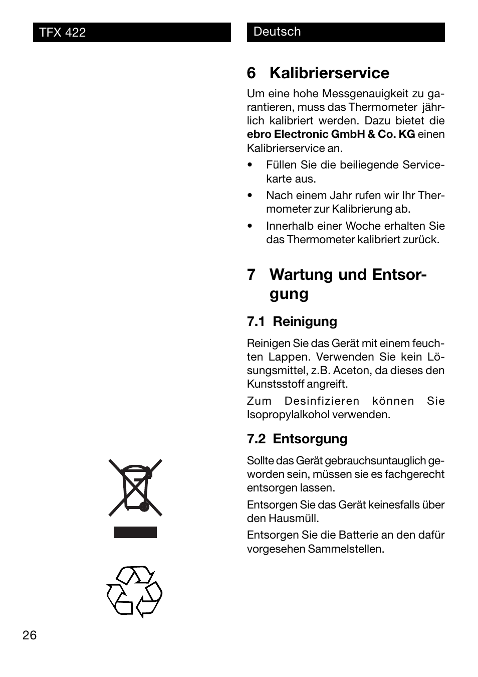 6 kalibrierservice, 7 wartung und entsor- gung | Xylem TFX 422 User Manual | Page 26 / 36