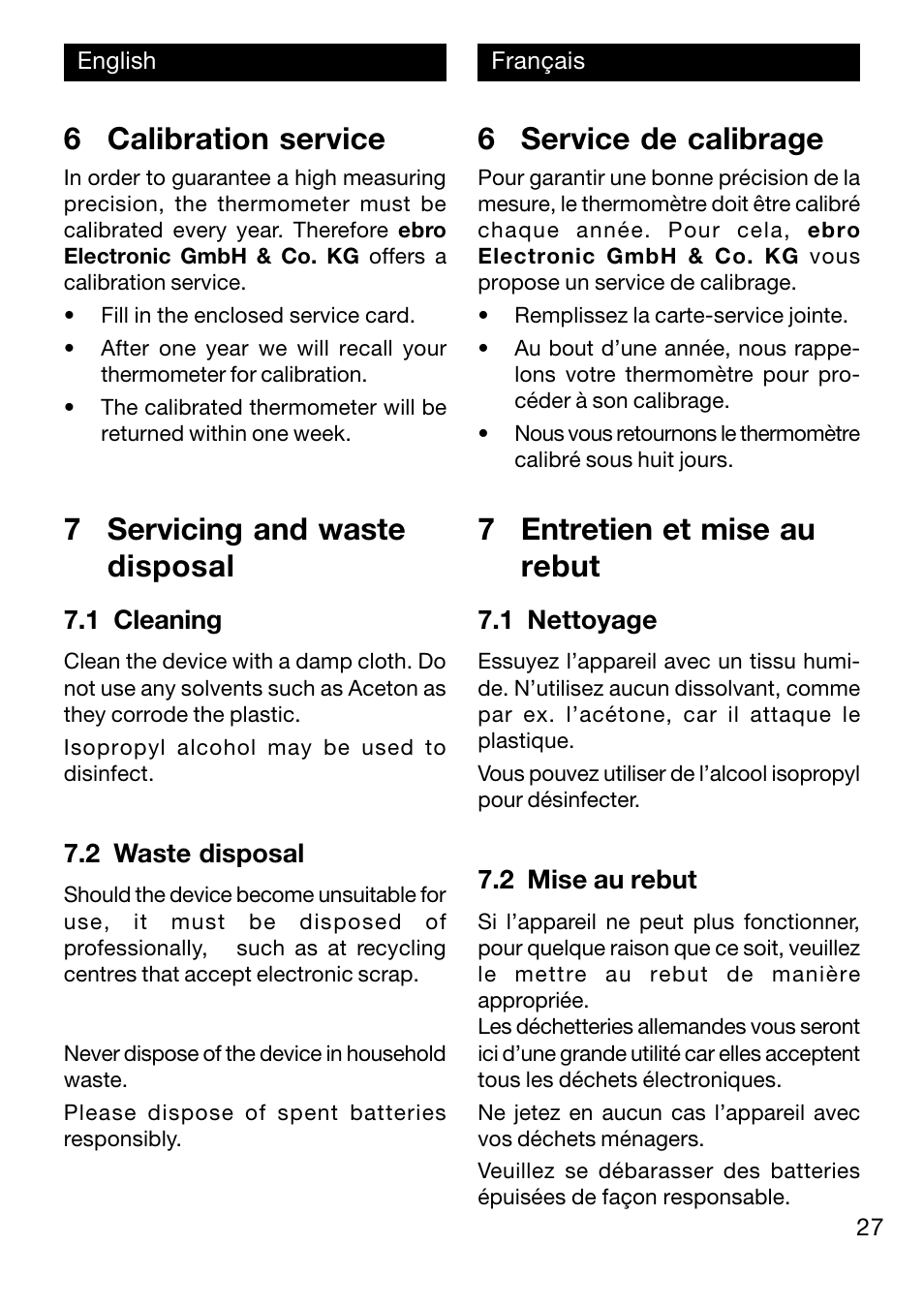 6 calibration service, 6 service de calibrage, 7 entretien et mise au rebut | 7 servicing and waste disposal | Xylem TFX 422 User Manual | Page 27 / 36