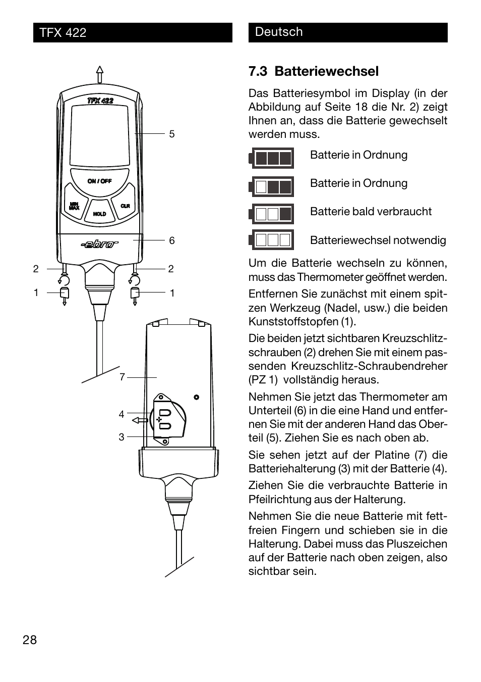 3 batteriewechsel | Xylem TFX 422 User Manual | Page 28 / 36