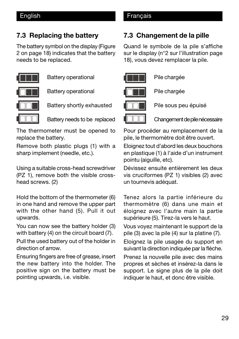 3 changement de la pille, 3 replacing the battery | Xylem TFX 422 User Manual | Page 29 / 36