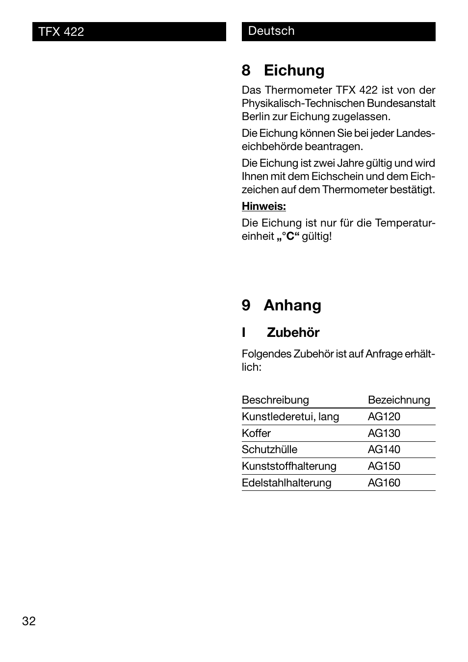 8 eichung, 9 anhang, Izubehör | Xylem TFX 422 User Manual | Page 32 / 36