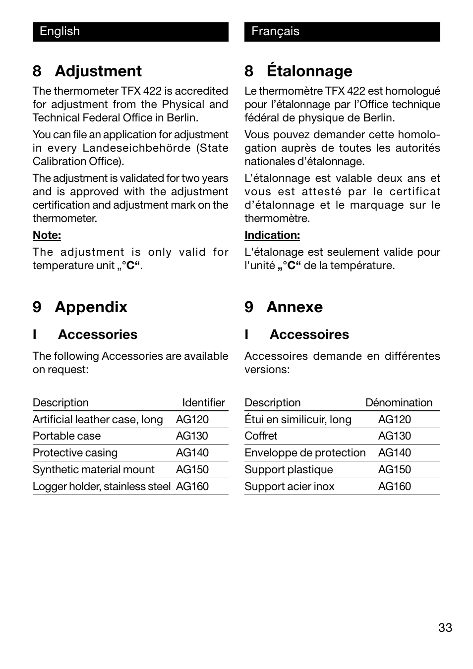 8 adjustment, 9 appendix, 8 étalonnage | 9 annexe, Iaccessories, Iaccessoires | Xylem TFX 422 User Manual | Page 33 / 36