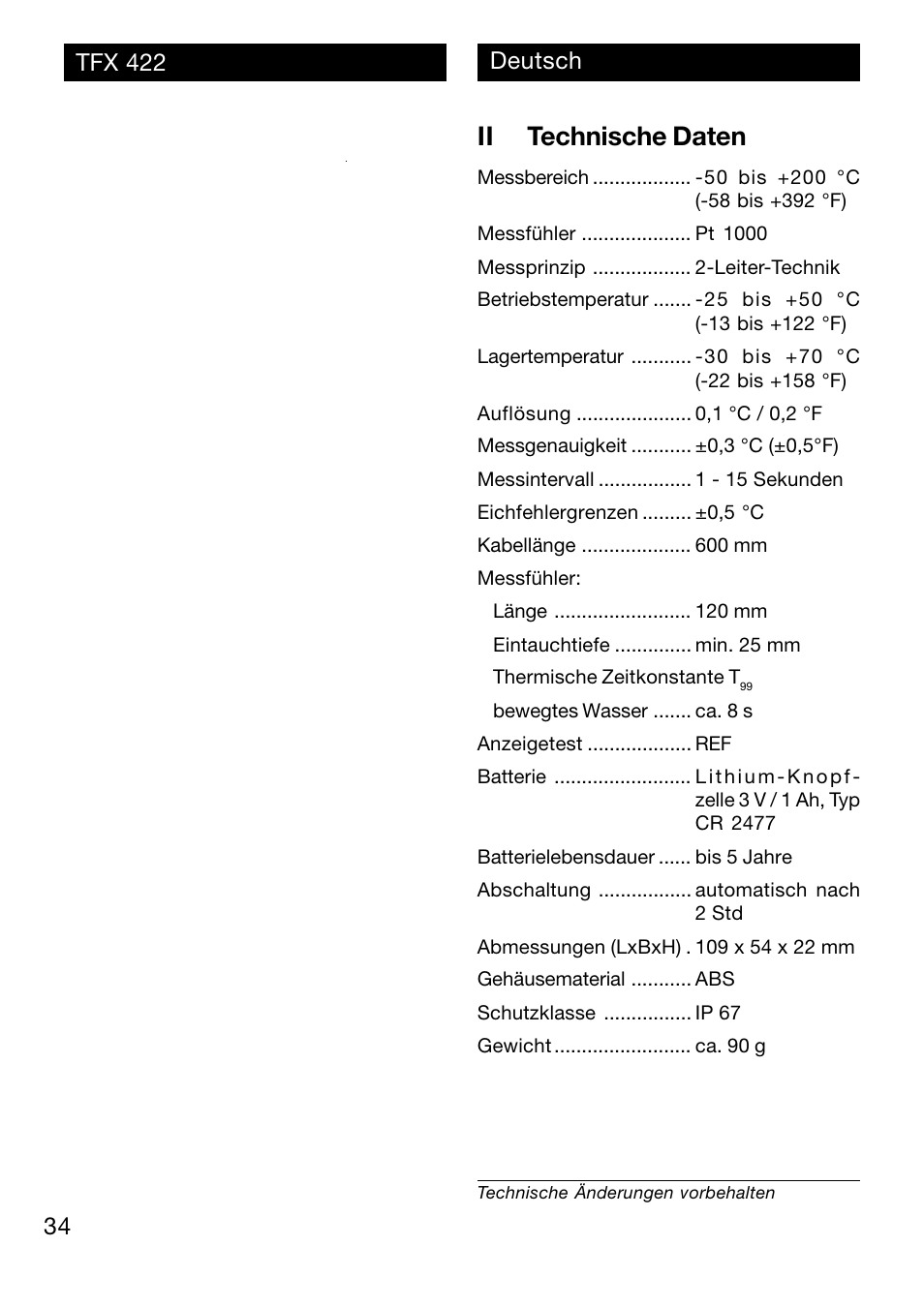 Ii technische daten | Xylem TFX 422 User Manual | Page 34 / 36