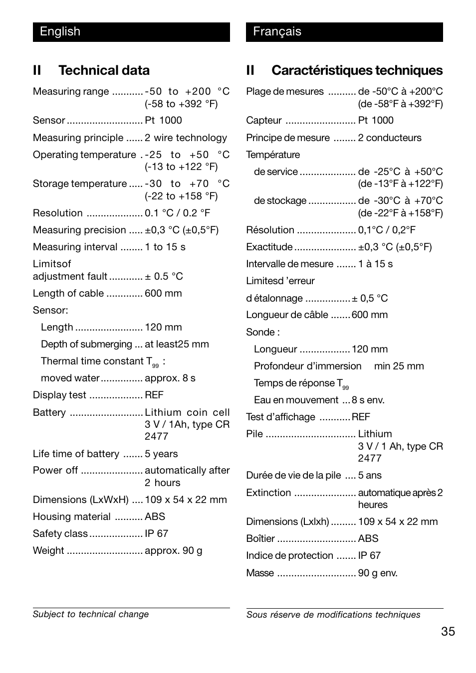 Ii technical data, Ii caractéristiques techniques, 35 english français | Xylem TFX 422 User Manual | Page 35 / 36