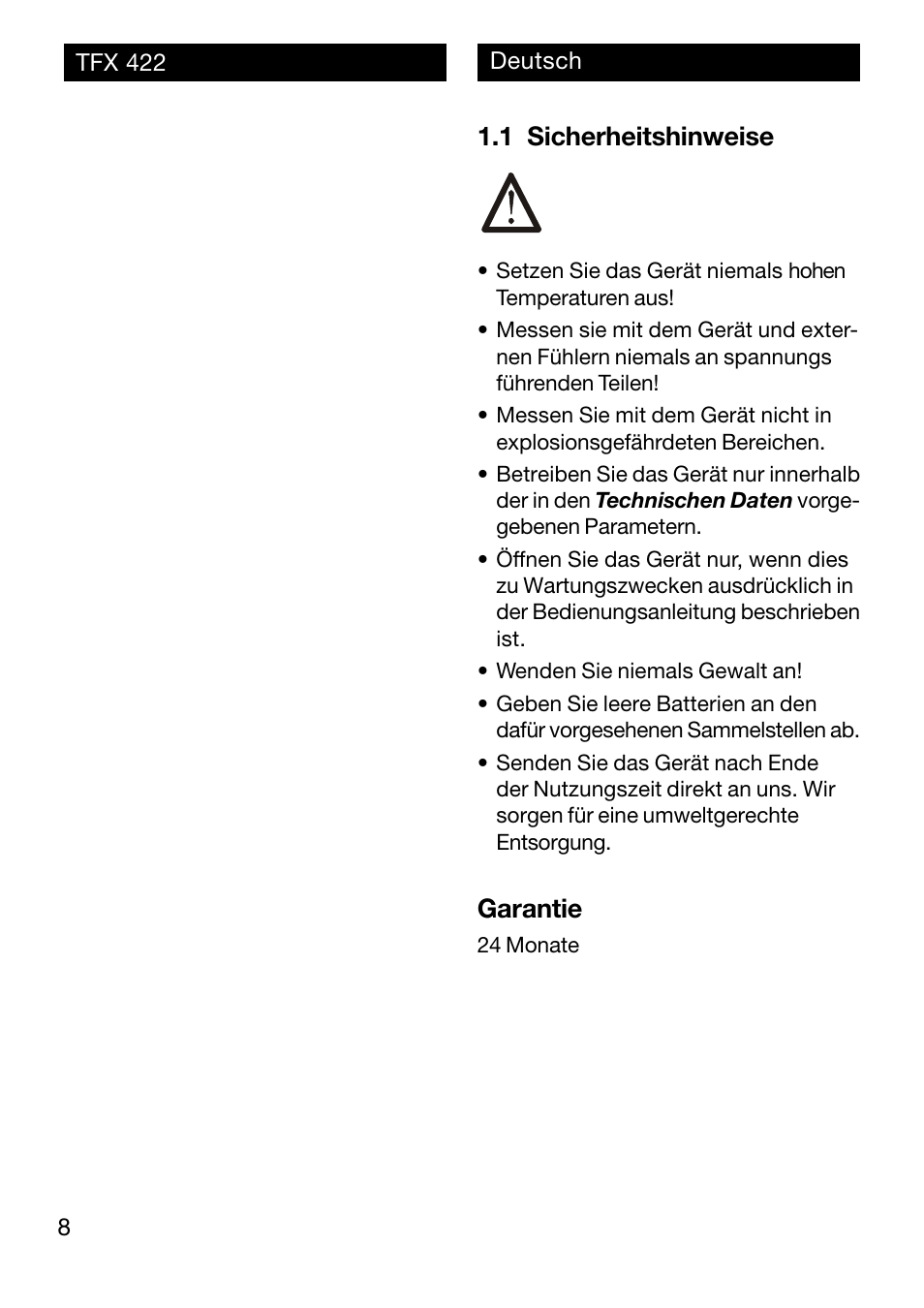 1 sicherheitshinweise, Garantie | Xylem TFX 422 User Manual | Page 8 / 36