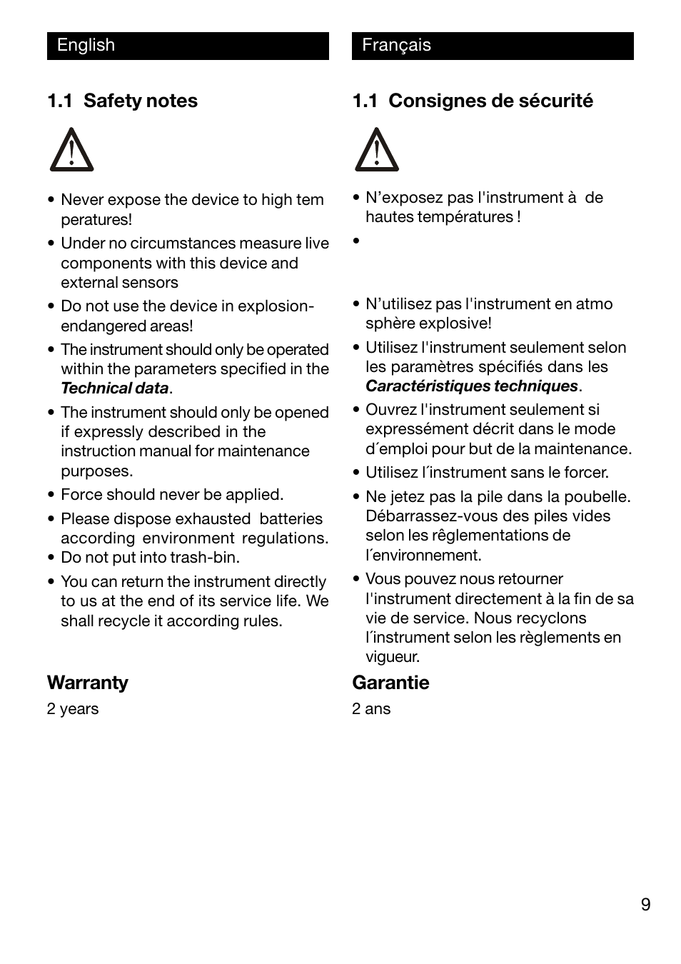 Warranty, 1 consignes de sécurité, Garantie | Xylem TFX 422 User Manual | Page 9 / 36