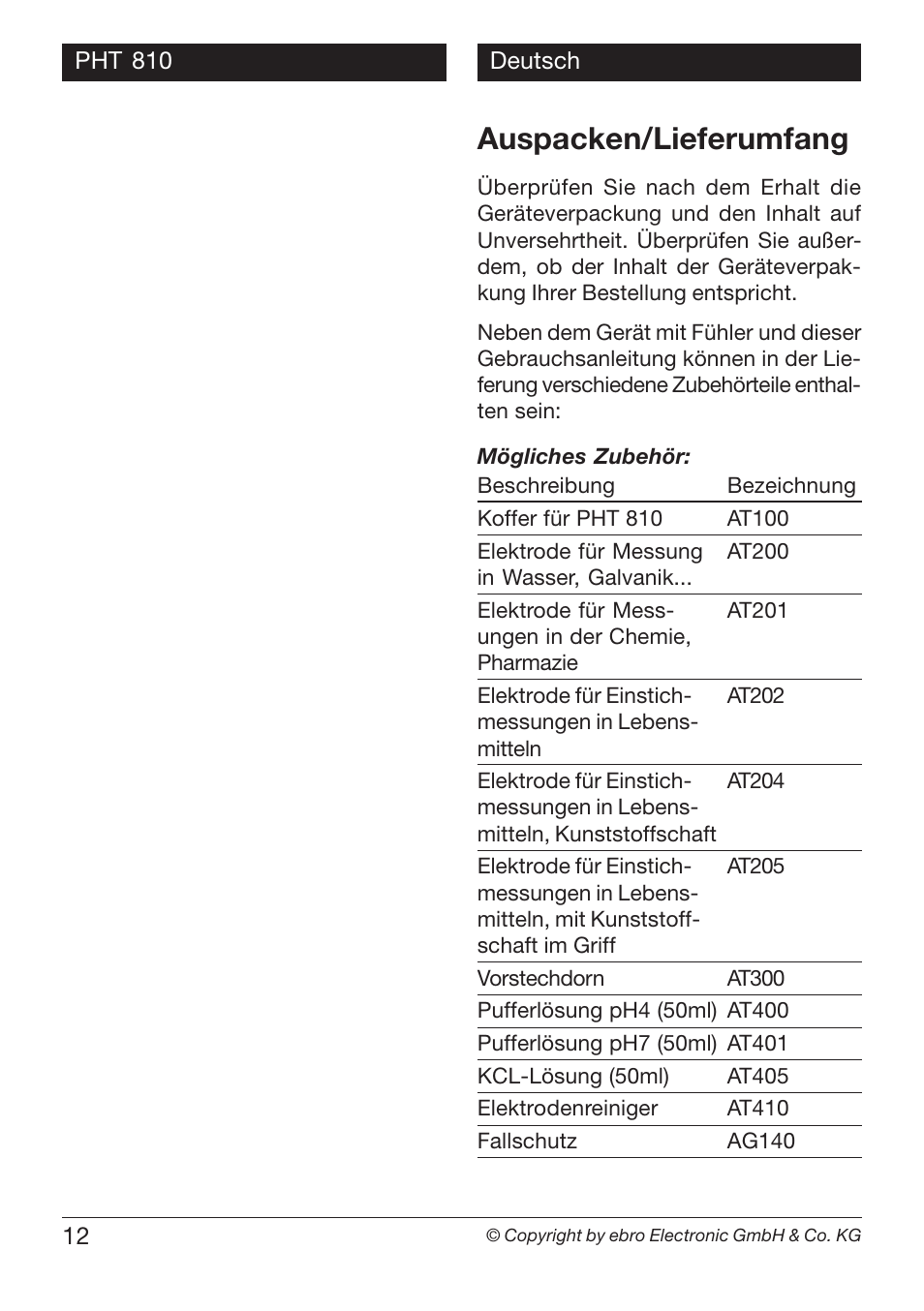 Auspacken/lieferumfang | Xylem PHT 810 User Manual | Page 12 / 42