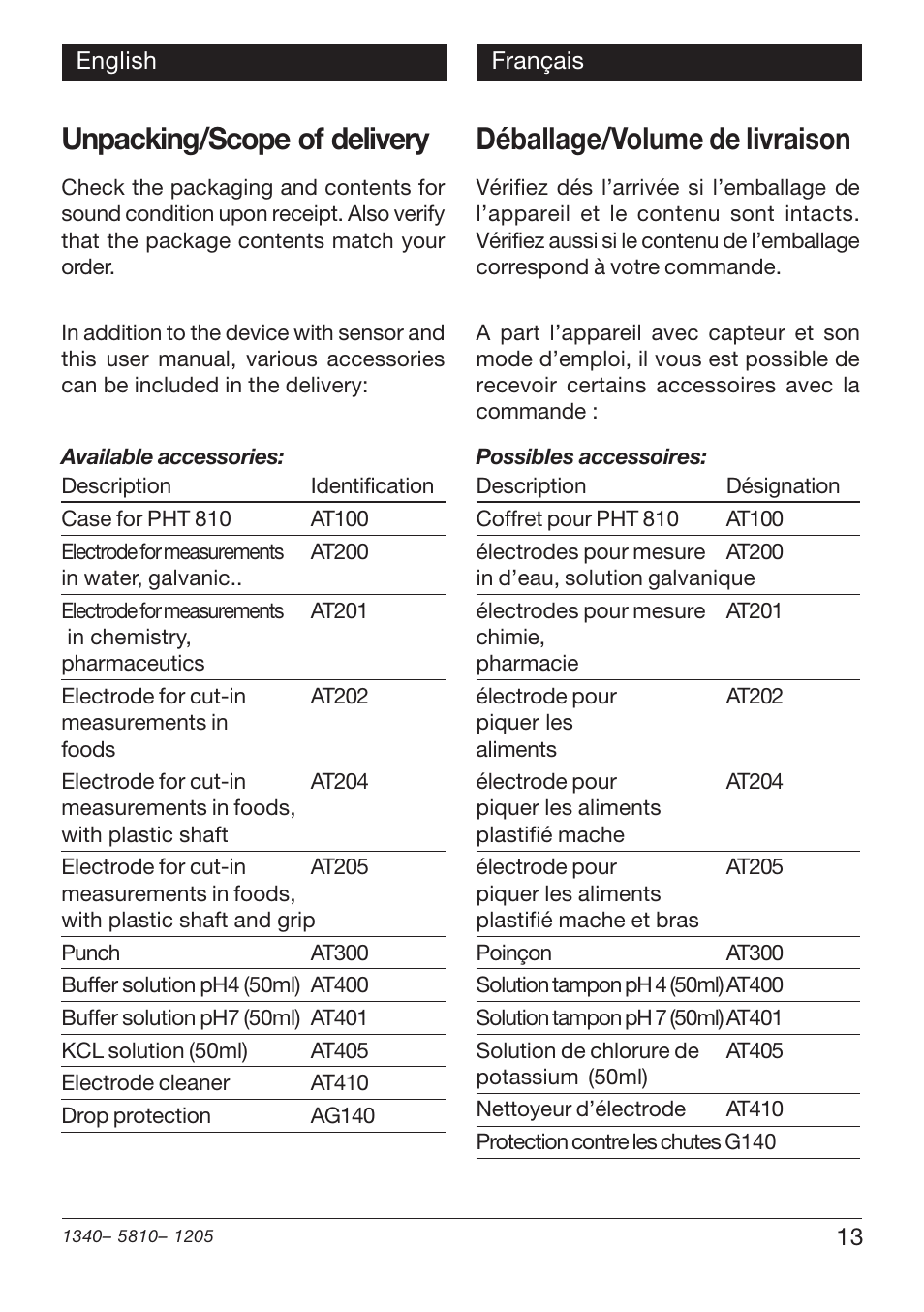 Unpacking/scope of delivery, Déballage/volume de livraison | Xylem PHT 810 User Manual | Page 13 / 42