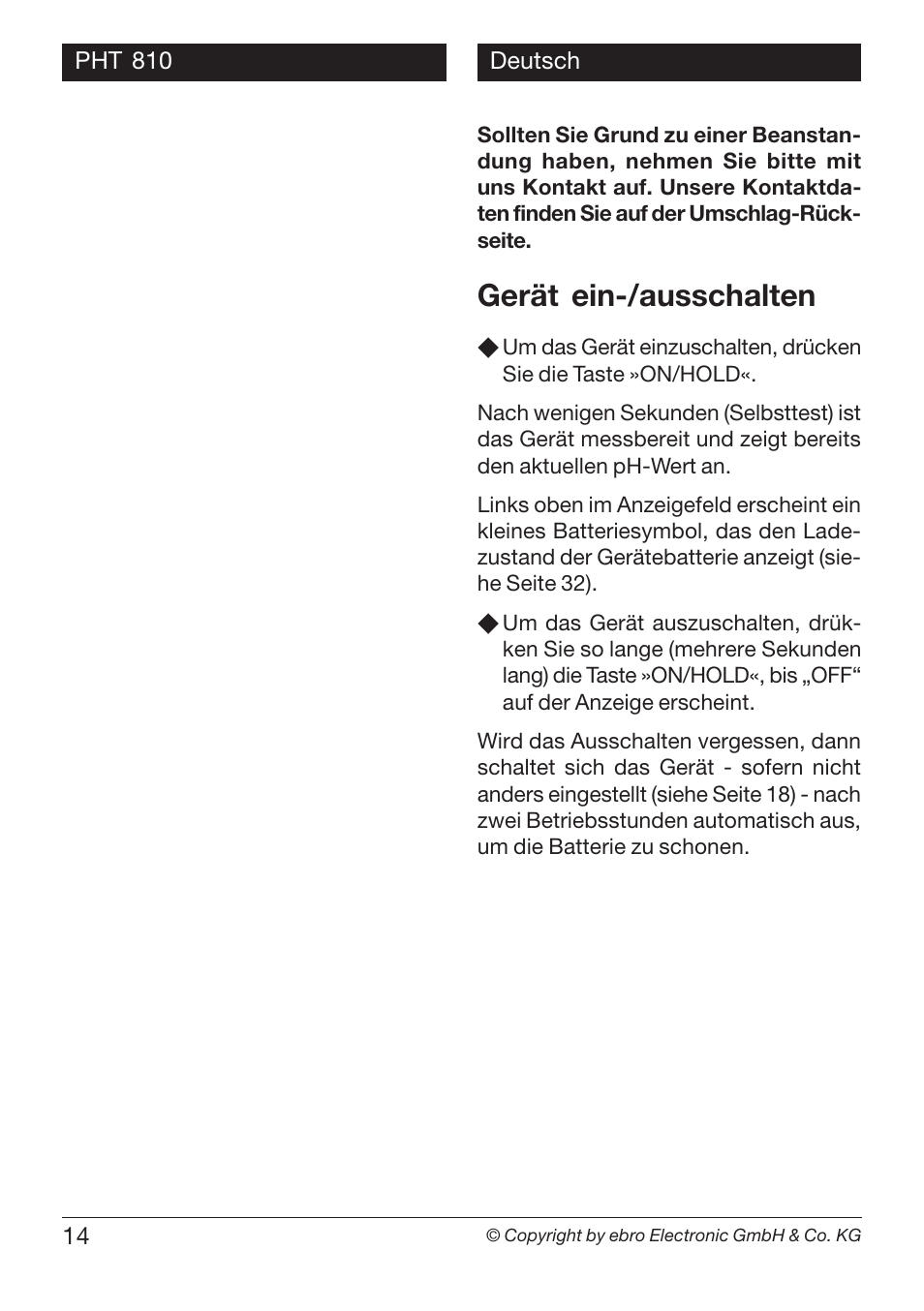 Gerät ein-/ausschalten | Xylem PHT 810 User Manual | Page 14 / 42