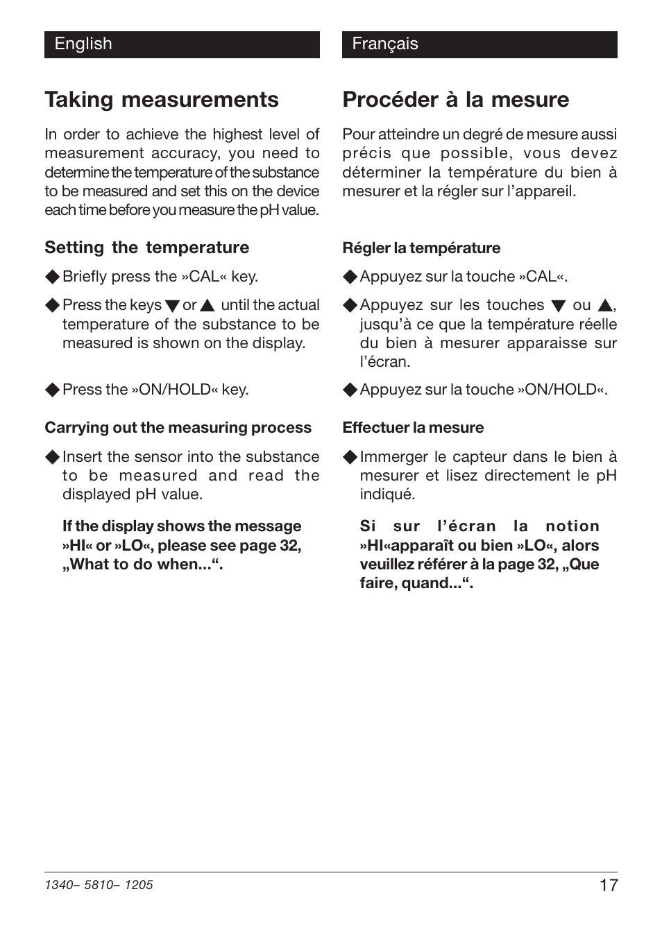 Taking measurements, Procéder à la mesure | Xylem PHT 810 User Manual | Page 17 / 42