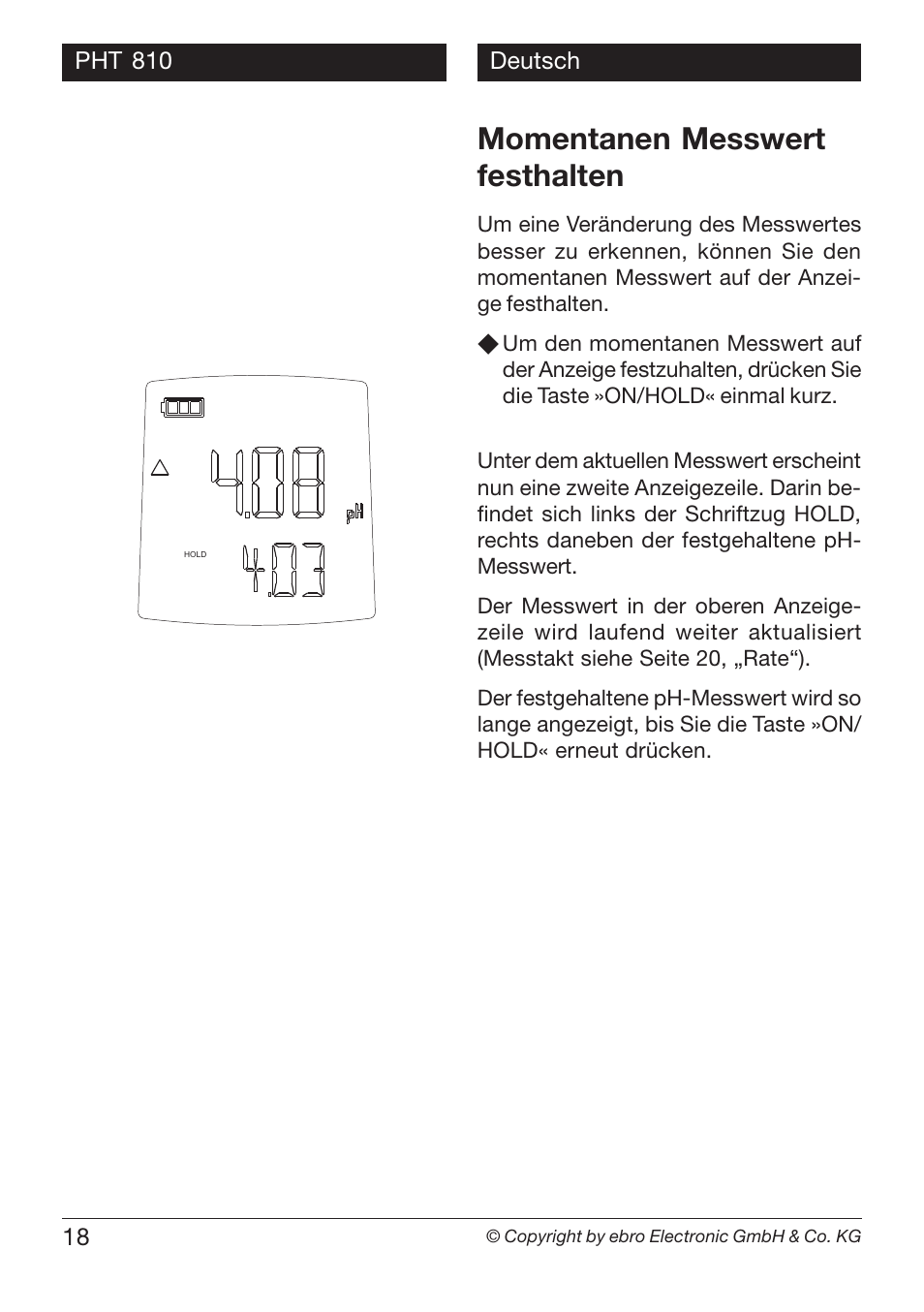 Momentanen messwert festhalten | Xylem PHT 810 User Manual | Page 18 / 42