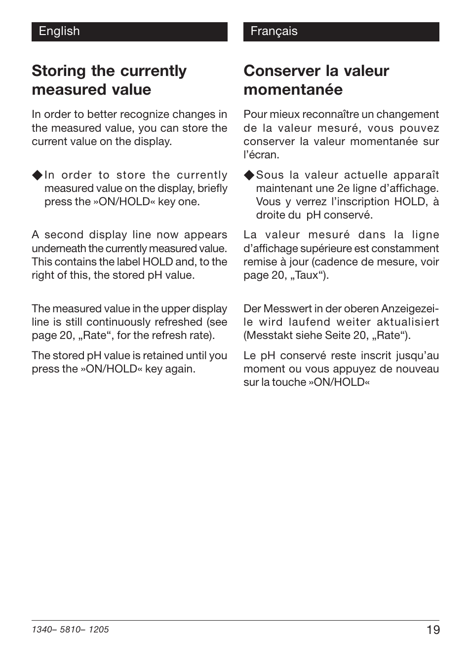 Storing the currently measured value, Conserver la valeur momentanée | Xylem PHT 810 User Manual | Page 19 / 42