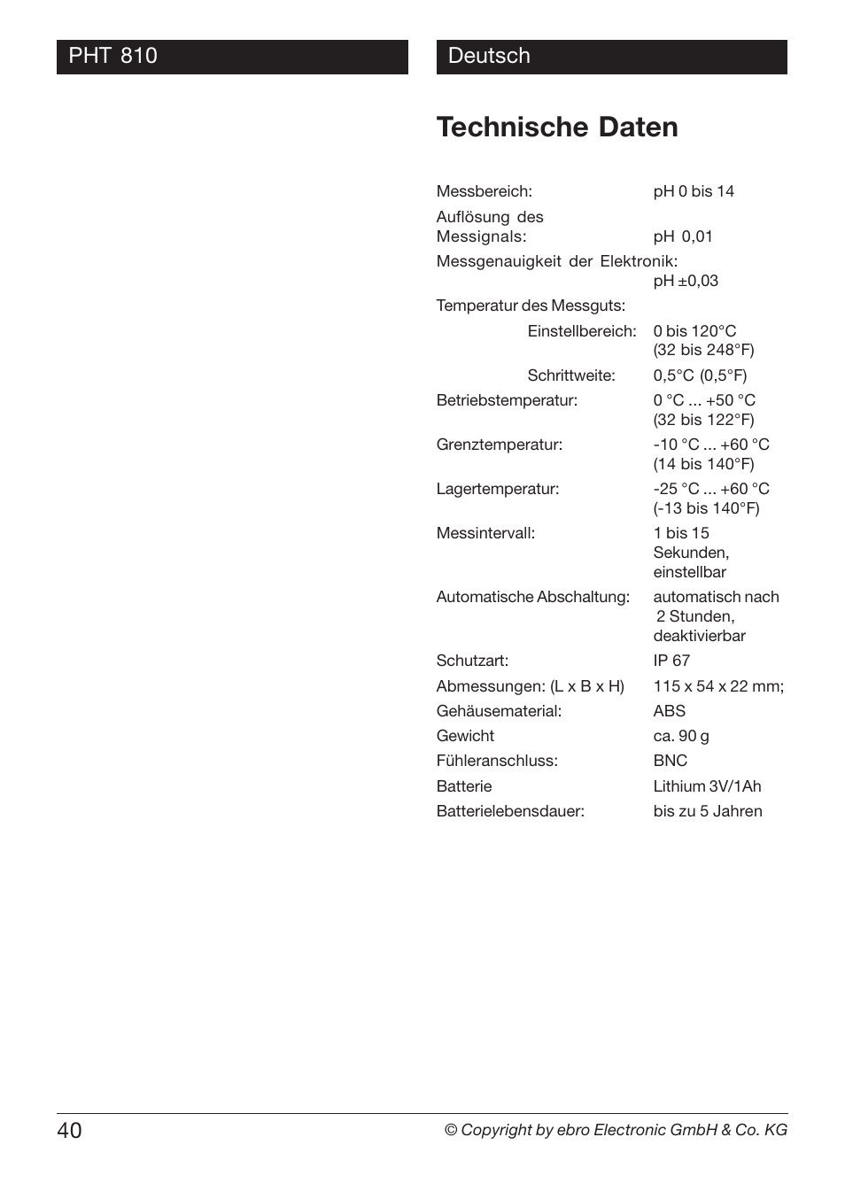 Technische daten | Xylem PHT 810 User Manual | Page 40 / 42