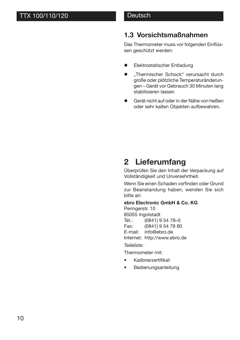 2 lieferumfang, 3 vorsichtsmaßnahmen | Xylem TTX 100/110/120 User Manual | Page 10 / 28