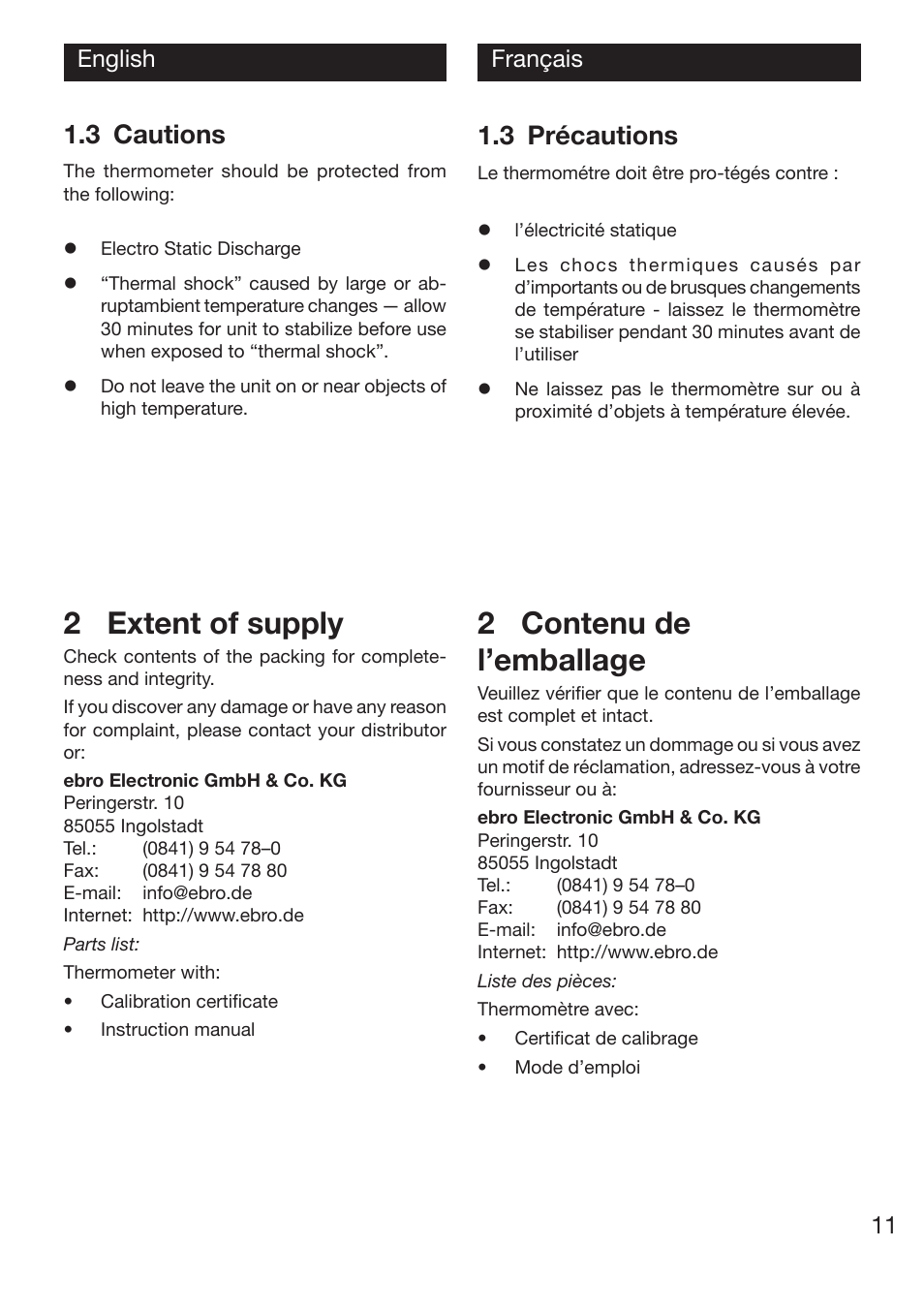 2 extent of supply, 2 contenu de l’emballage, 3 cautions | 3 précautions, 11 english français | Xylem TTX 100/110/120 User Manual | Page 11 / 28