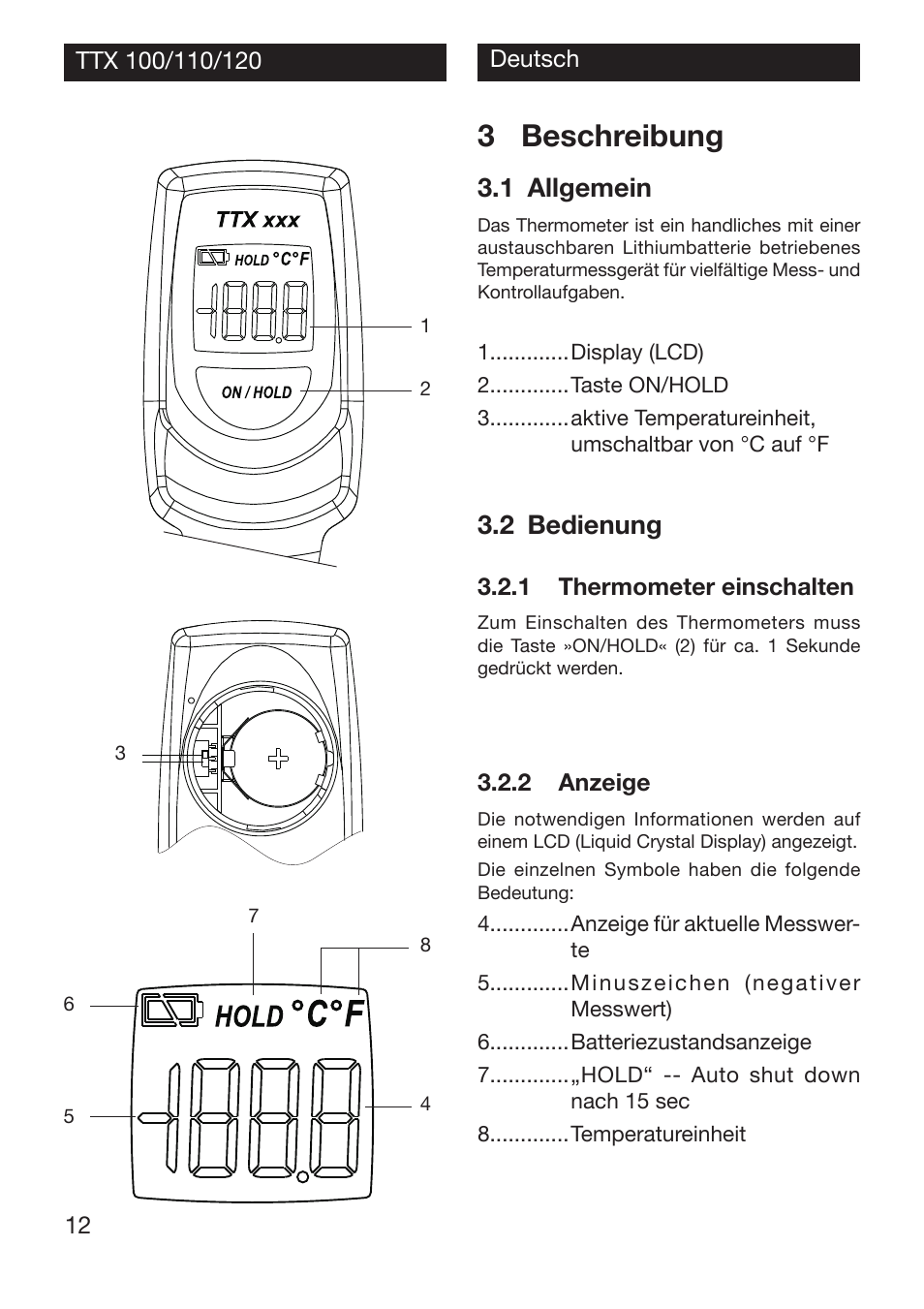3 beschreibung, 1 allgemein, 2 bedienung | Xylem TTX 100/110/120 User Manual | Page 12 / 28