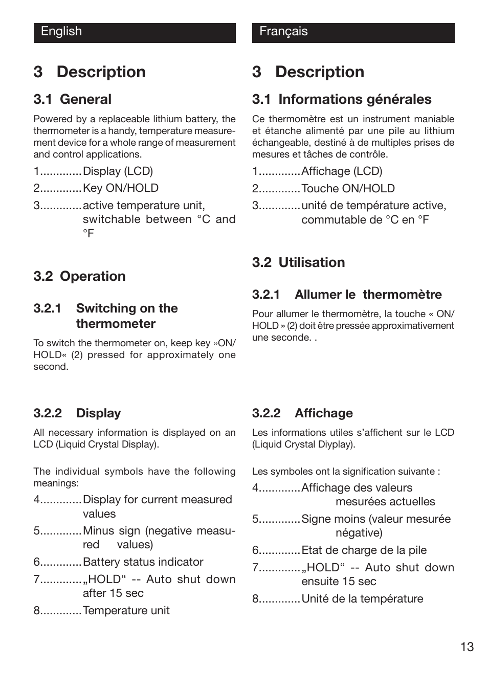 3 description, 1 general, 2 operation | 1 informations générales, 2 utilisation | Xylem TTX 100/110/120 User Manual | Page 13 / 28