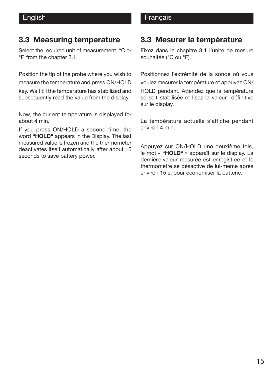 3 measuring temperature, 3 mesurer la température, 15 english français | Xylem TTX 100/110/120 User Manual | Page 15 / 28