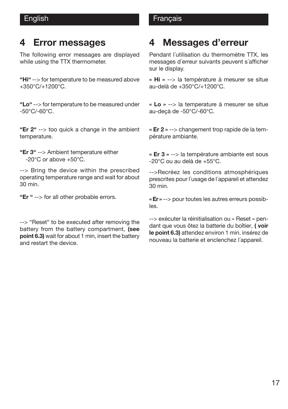 4 error messages, 4 messages d’erreur, 17 english français | Xylem TTX 100/110/120 User Manual | Page 17 / 28
