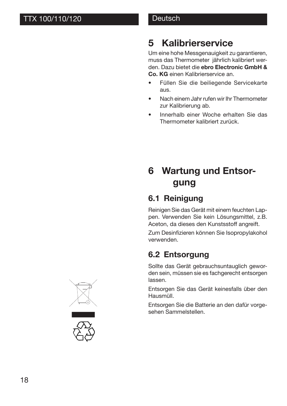 5 kalibrierservice, 6 wartung und entsor- gung, 1 reinigung | 2 entsorgung | Xylem TTX 100/110/120 User Manual | Page 18 / 28