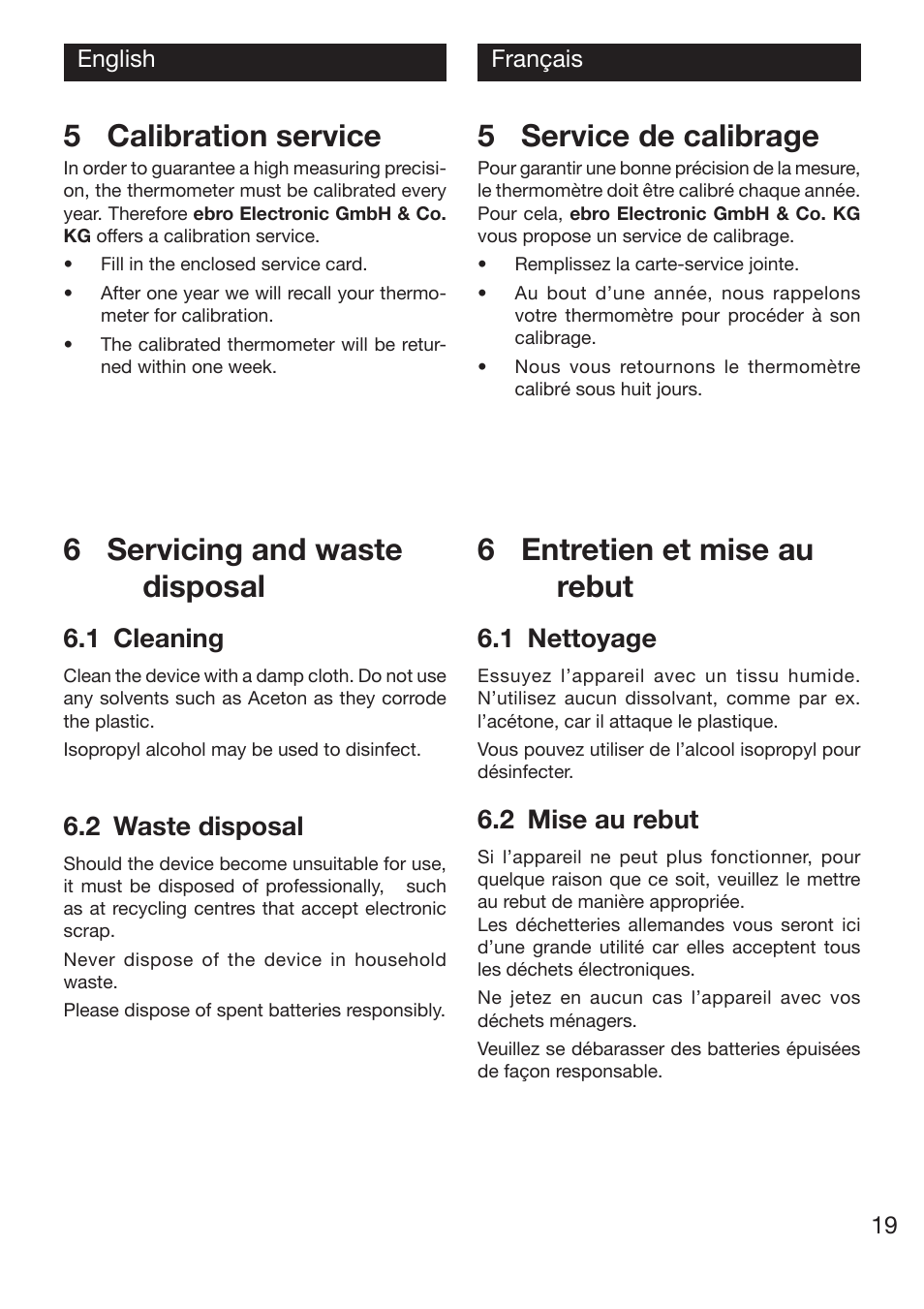 5 calibration service, 5 service de calibrage, 6 entretien et mise au rebut | 6 servicing and waste disposal, 1 nettoyage, 2 mise au rebut, 1 cleaning, 2 waste disposal | Xylem TTX 100/110/120 User Manual | Page 19 / 28