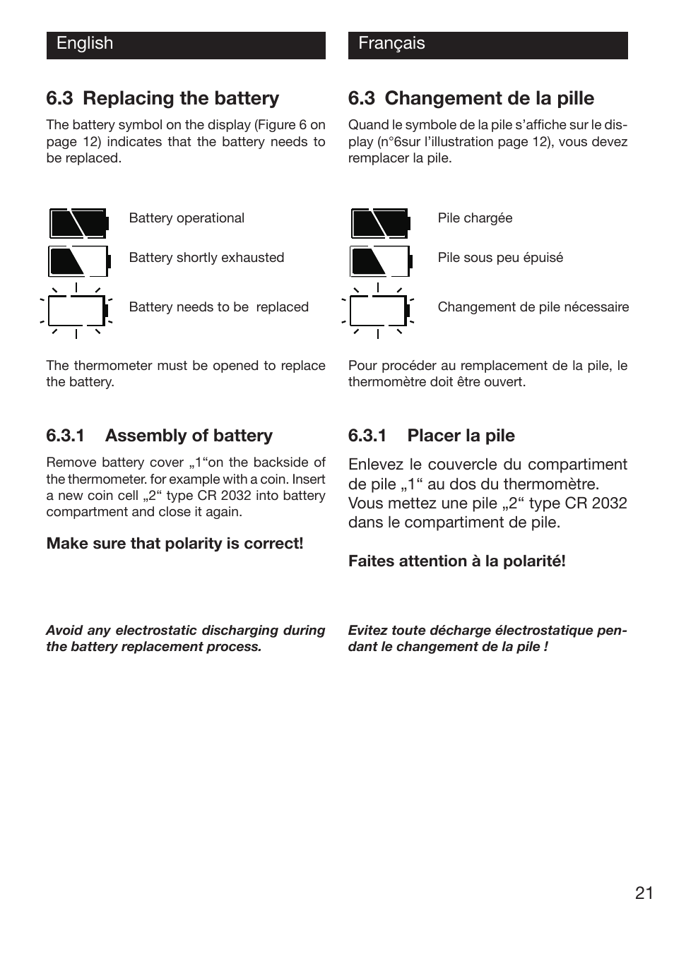 3 changement de la pille, 3 replacing the battery | Xylem TTX 100/110/120 User Manual | Page 21 / 28