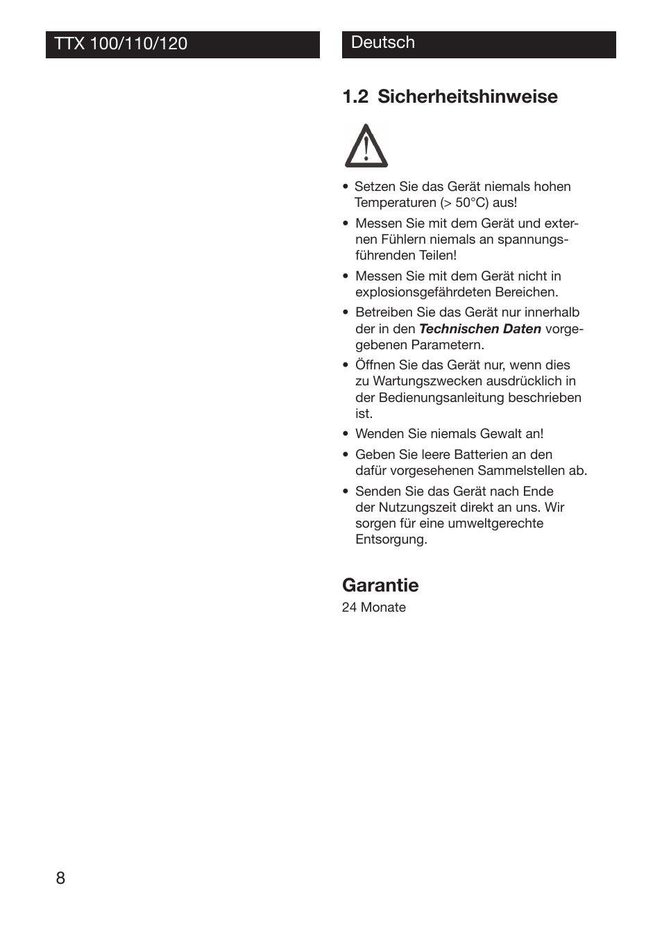 2 sicherheitshinweise, Garantie | Xylem TTX 100/110/120 User Manual | Page 8 / 28