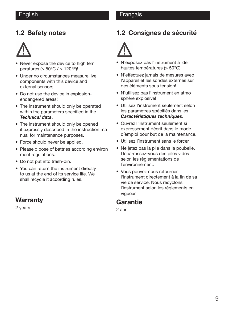 Warranty, 2 consignes de sécurité, Garantie | 9english français | Xylem TTX 100/110/120 User Manual | Page 9 / 28