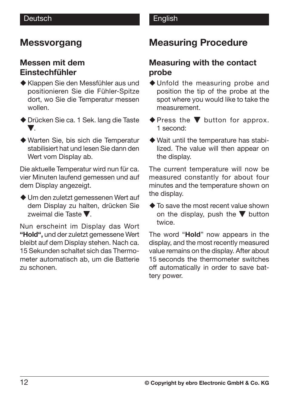 Messvorgang, Measuring procedure, Messen mit dem einstechfühler | Measuring with the contact probe | Xylem TLC 730 User Manual | Page 12 / 48