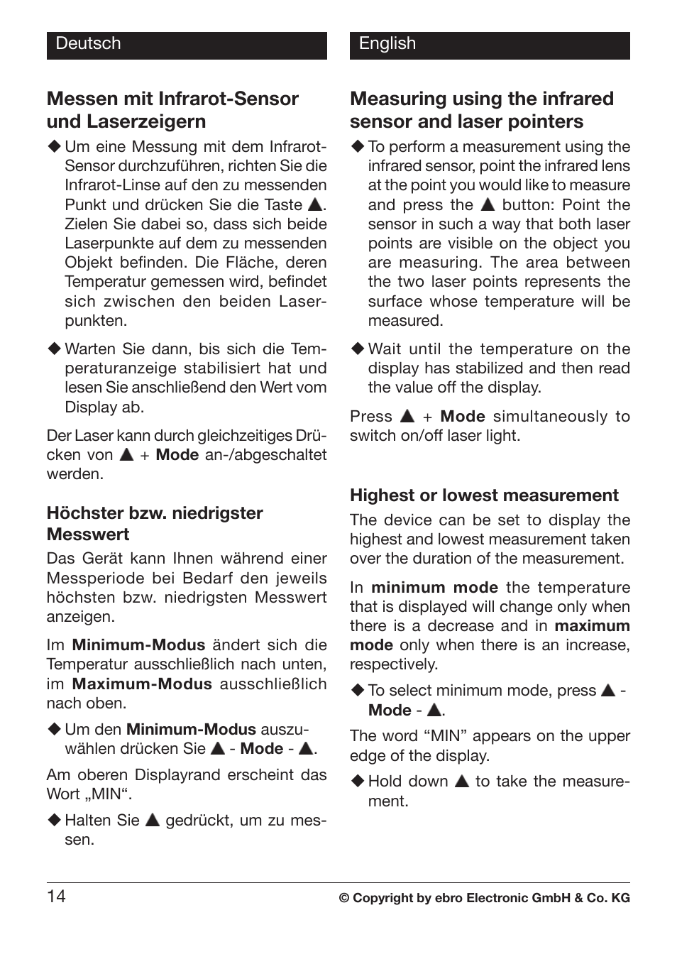 Messen mit infrarot-sensor und laserzeigern | Xylem TLC 730 User Manual | Page 14 / 48