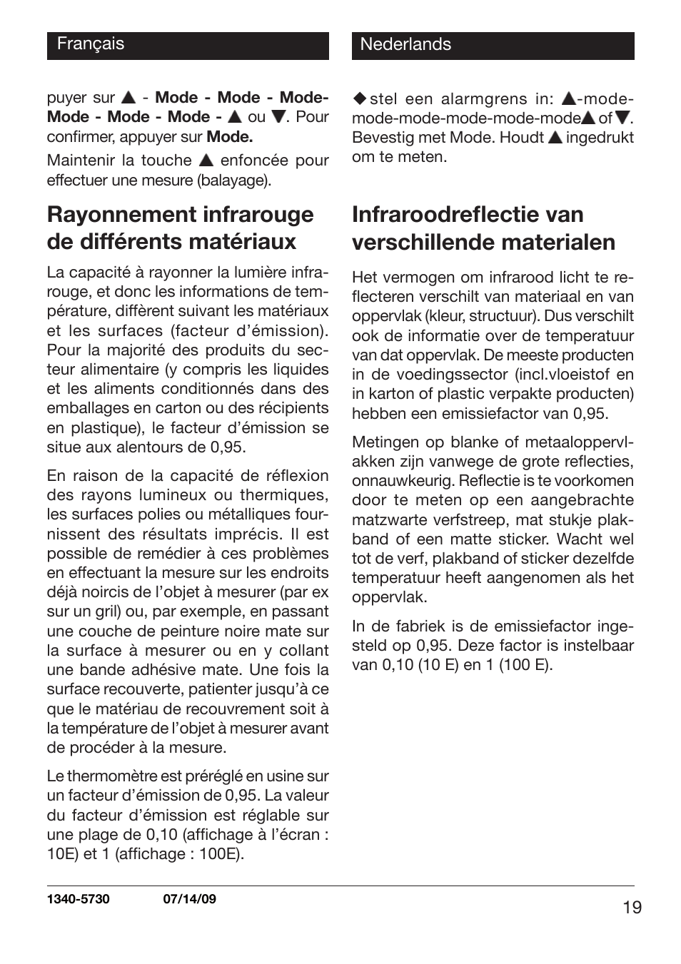 Rayonnement infrarouge de différents matériaux, Infraroodrefl ectie van verschillende materialen | Xylem TLC 730 User Manual | Page 19 / 48