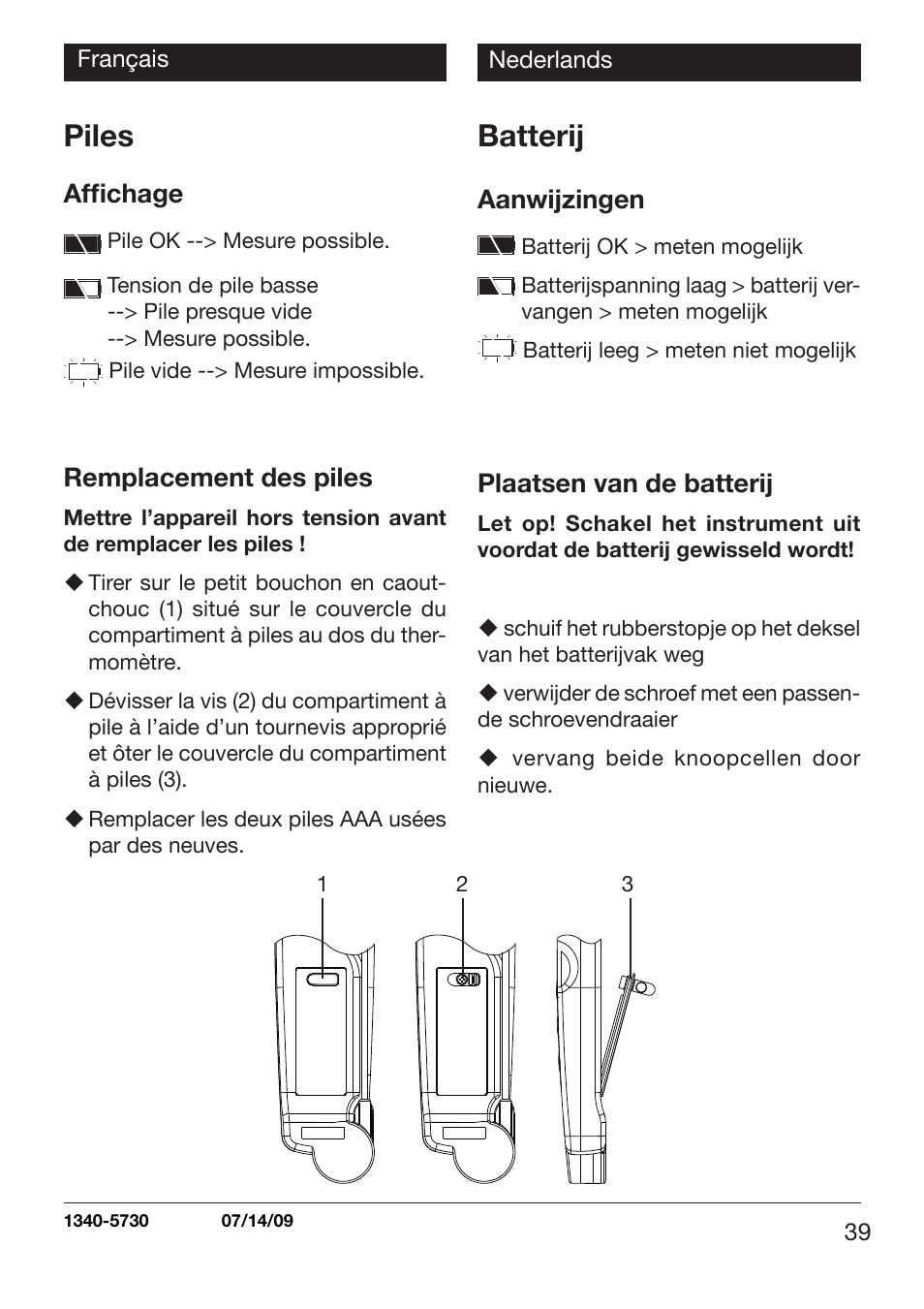 Piles, Batterij, Affi chage | Remplacement des piles, Aanwijzingen, Plaatsen van de batterij | Xylem TLC 730 User Manual | Page 39 / 48