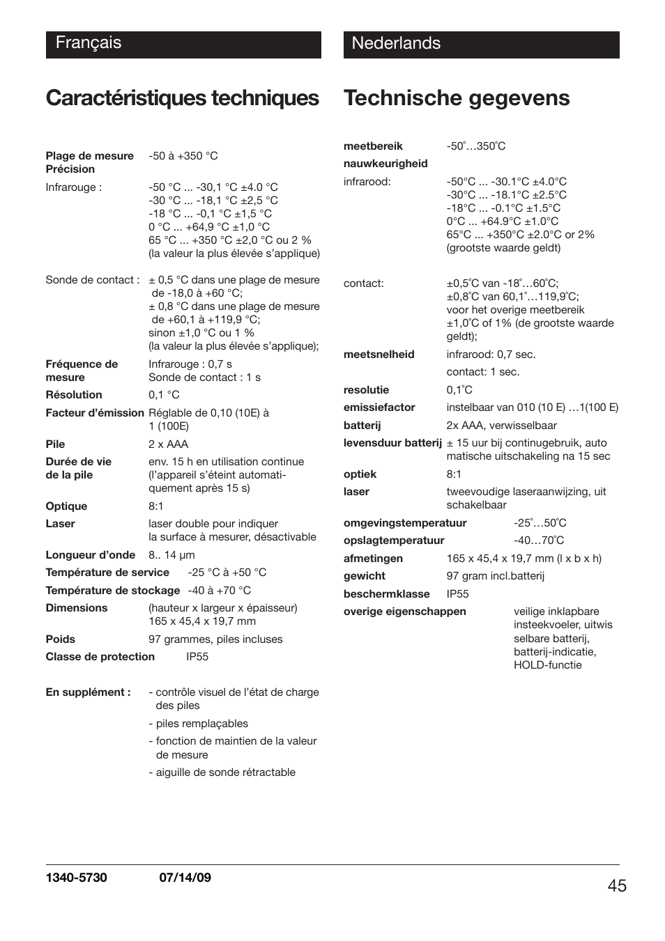 Caractéristiques techniques, Technische gegevens, 45 français | Nederlands | Xylem TLC 730 User Manual | Page 45 / 48