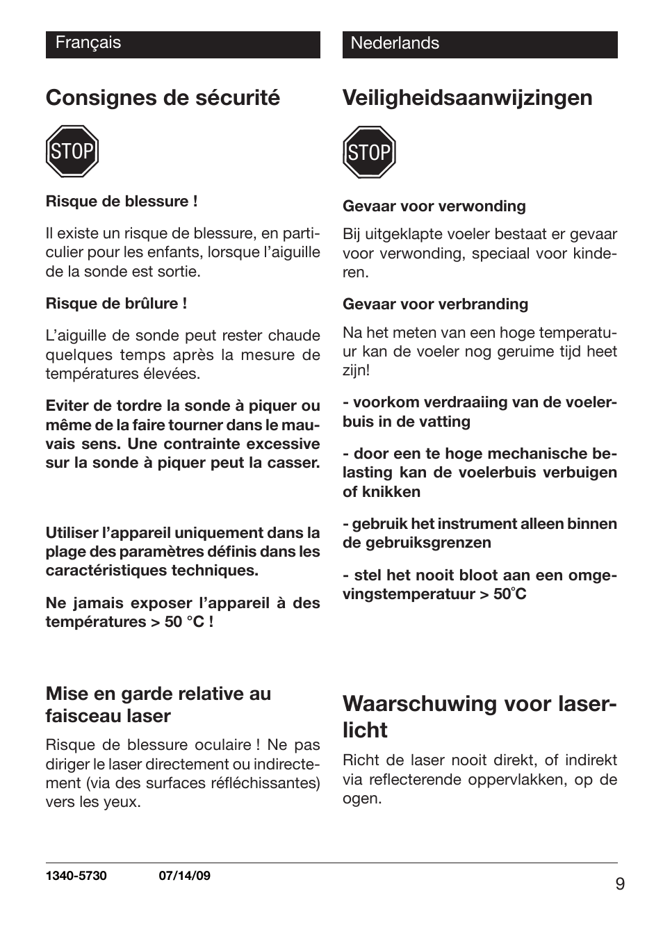 Consignes de sécurité, Veiligheidsaanwijzingen, Waarschuwing voor laser- licht | Stop | Xylem TLC 730 User Manual | Page 9 / 48