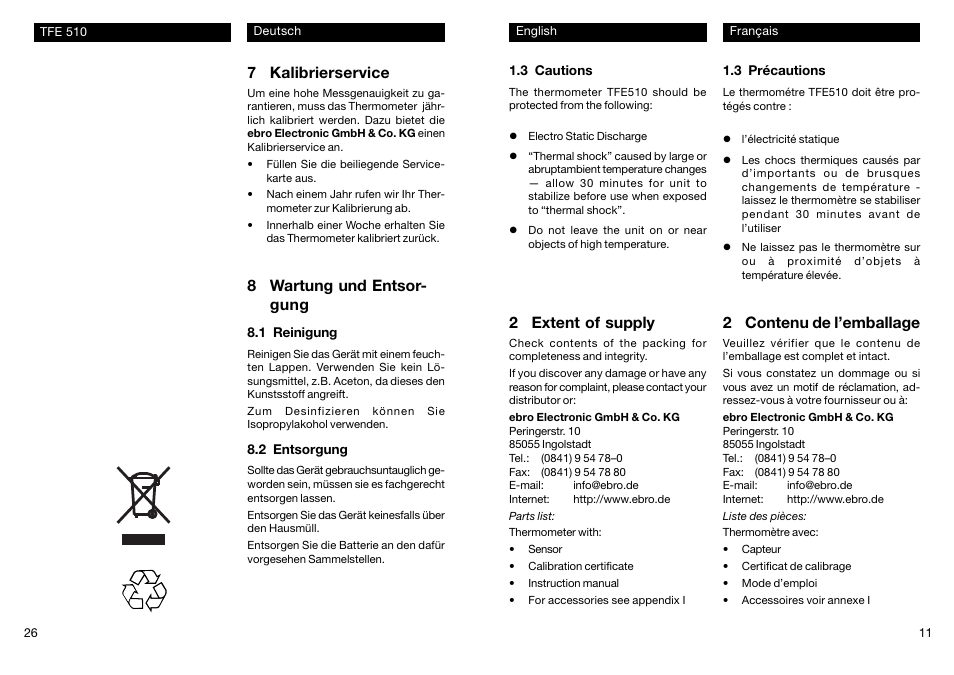 2 extent of supply, 2 contenu de l’emballage, 7 kalibrierservice | 8 wartung und entsor- gung | Xylem TFE 510 User Manual | Page 11 / 18