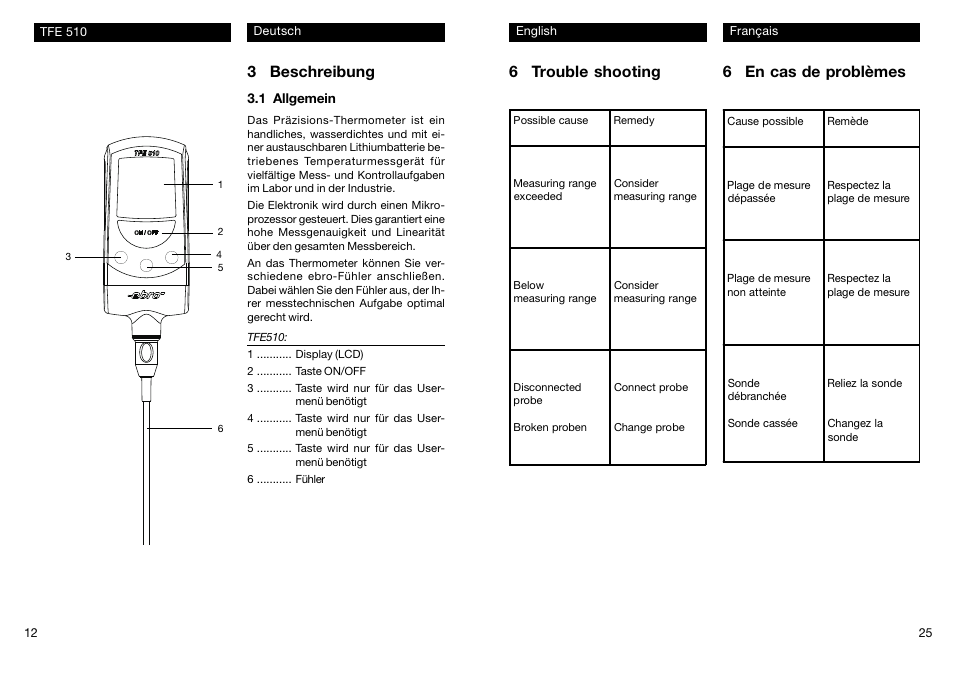 3 beschreibung, 6 trouble shooting 6 en cas de problèmes | Xylem TFE 510 User Manual | Page 12 / 18