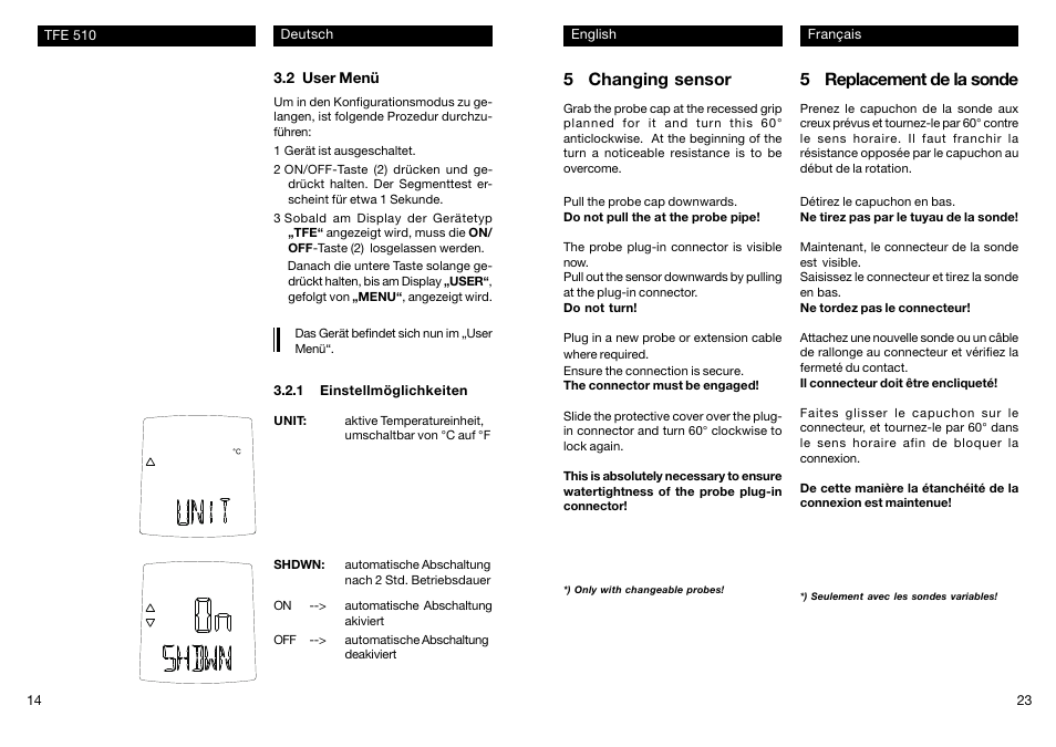 5 replacement de la sonde, 5 changing sensor | Xylem TFE 510 User Manual | Page 14 / 18