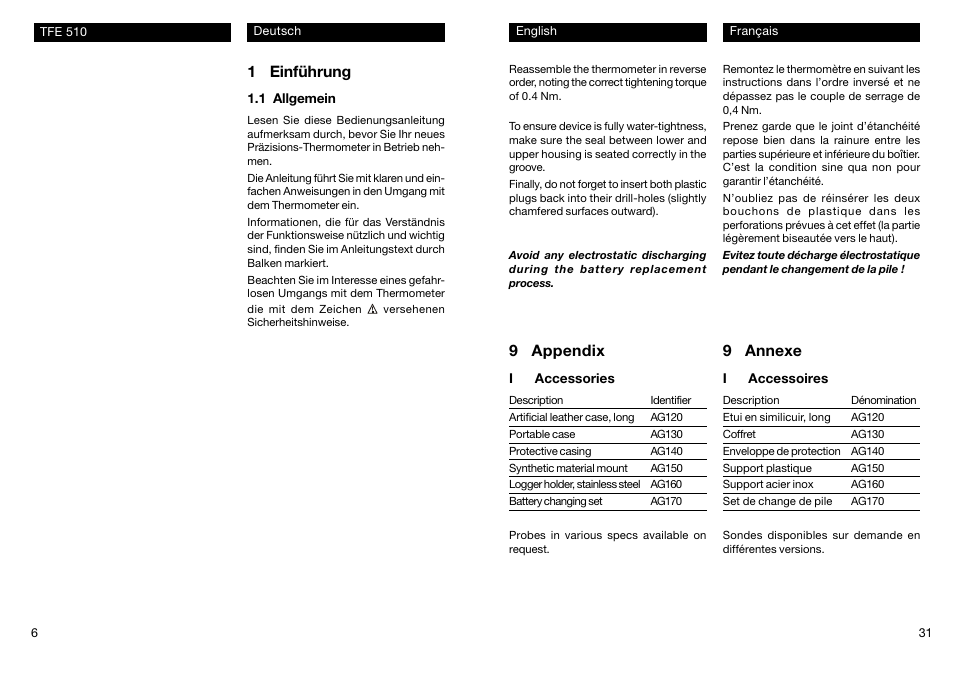 1 einführung, 9 appendix, 9 annexe | Xylem TFE 510 User Manual | Page 6 / 18