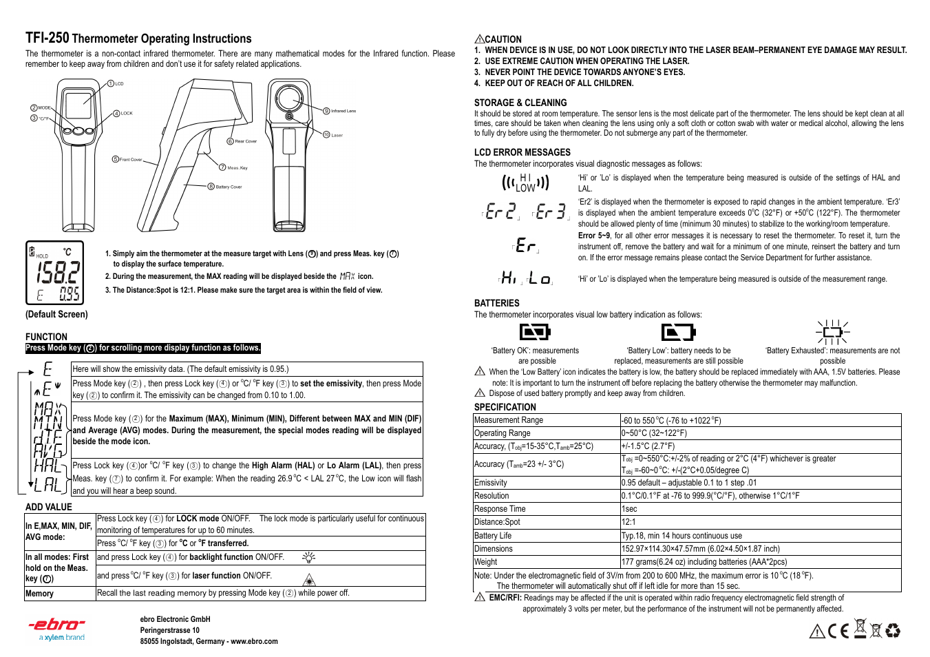 Tfi-250, Thermometer operating instructions | Xylem TFI-250 User Manual | Page 2 / 4