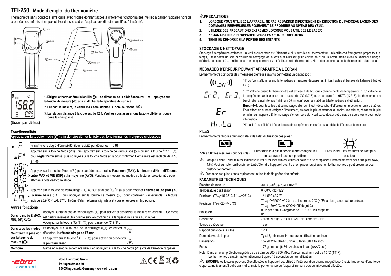 Tfi-250, Mode d’emploi du thermomètre | Xylem TFI-250 User Manual | Page 3 / 4