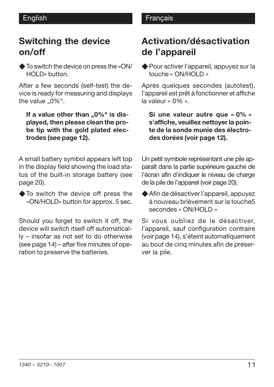 Switching the device on/off, Activation/désactivation de l’appareil | Xylem SSX 210 User Manual | Page 11 / 28