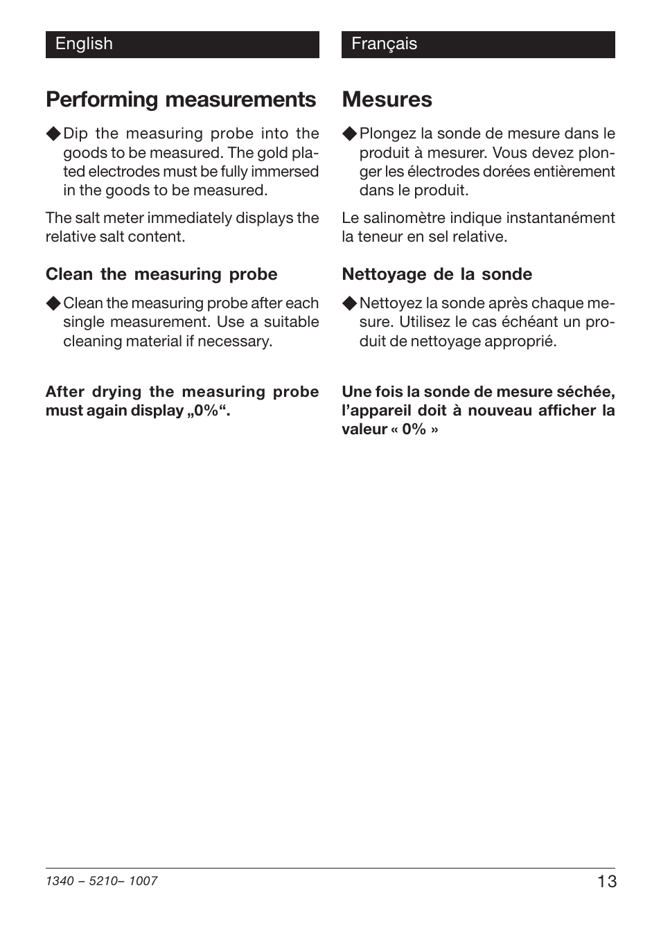 Performing measurements, Mesures | Xylem SSX 210 User Manual | Page 13 / 28