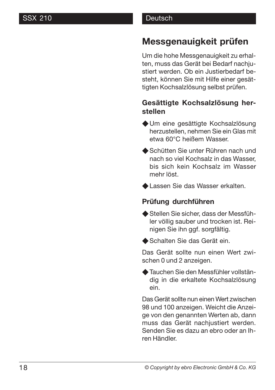 Messgenauigkeit prüfen | Xylem SSX 210 User Manual | Page 18 / 28