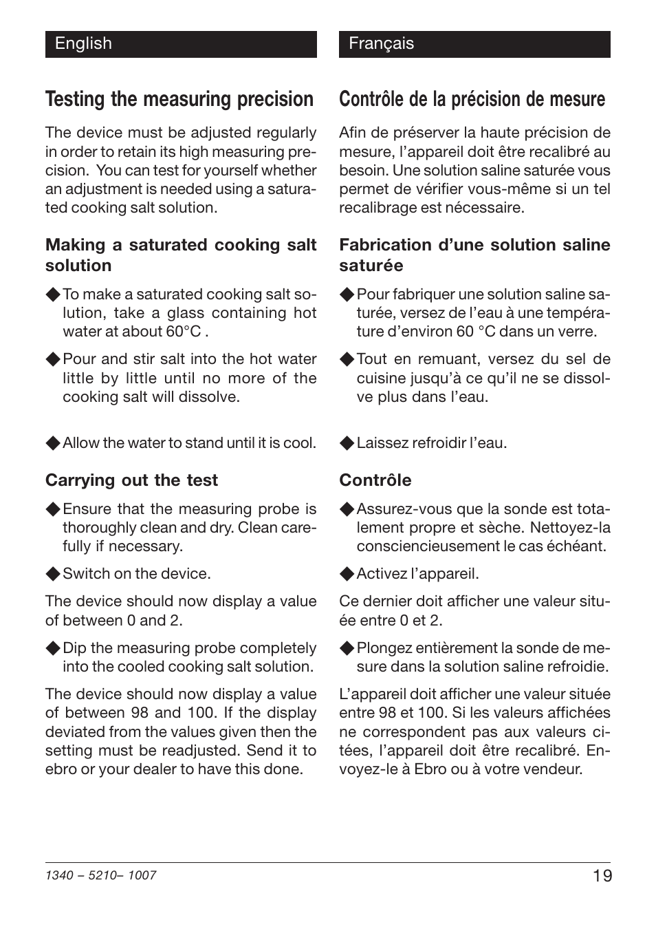 Testing the measuring precision, Contrôle de la précision de mesure | Xylem SSX 210 User Manual | Page 19 / 28