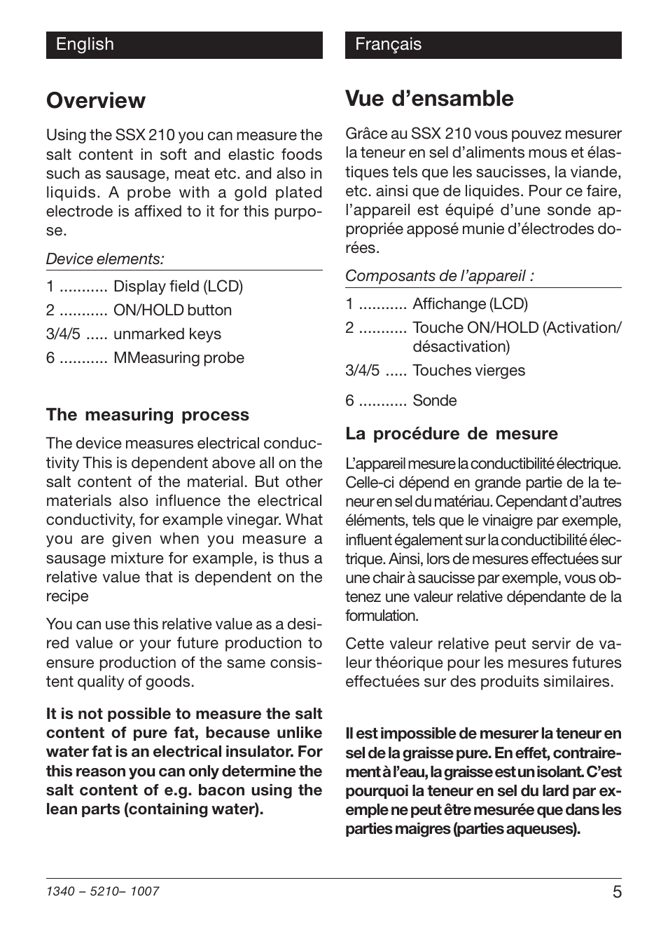 Overview, Vue d’ensamble | Xylem SSX 210 User Manual | Page 5 / 28